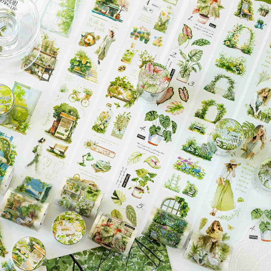 Artistic fresh green plant PET white ink tape