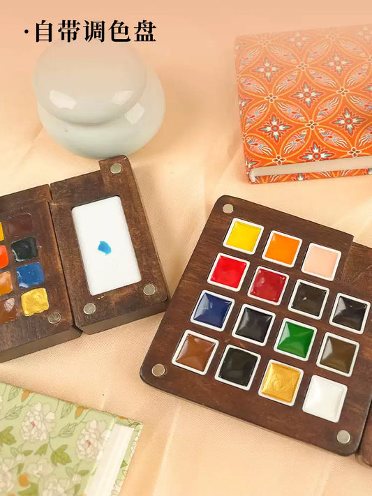 Mini Watercolor Portable Walnut Box Set