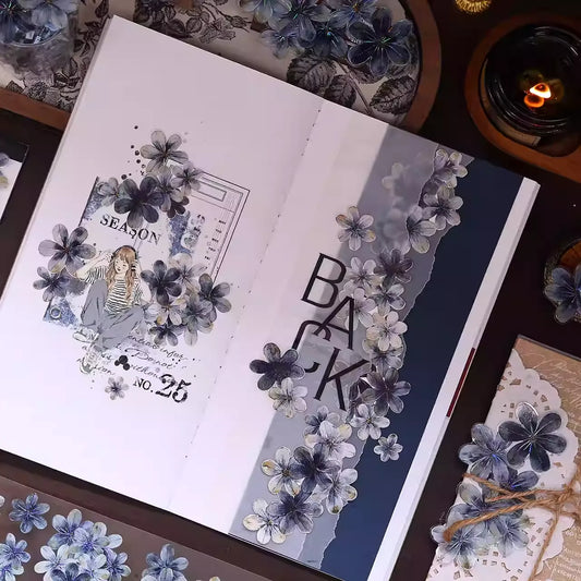 Deep Sea Blue Vintage Blue Black Floral Washi PET Tape
